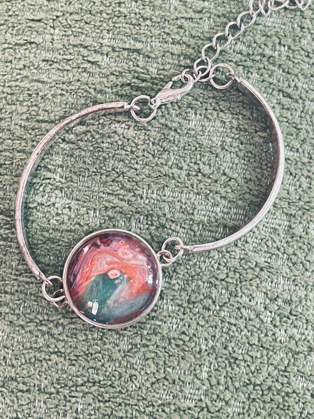 Handcrafted Silver Bracelet with Coral and Teal Glass Cabochon